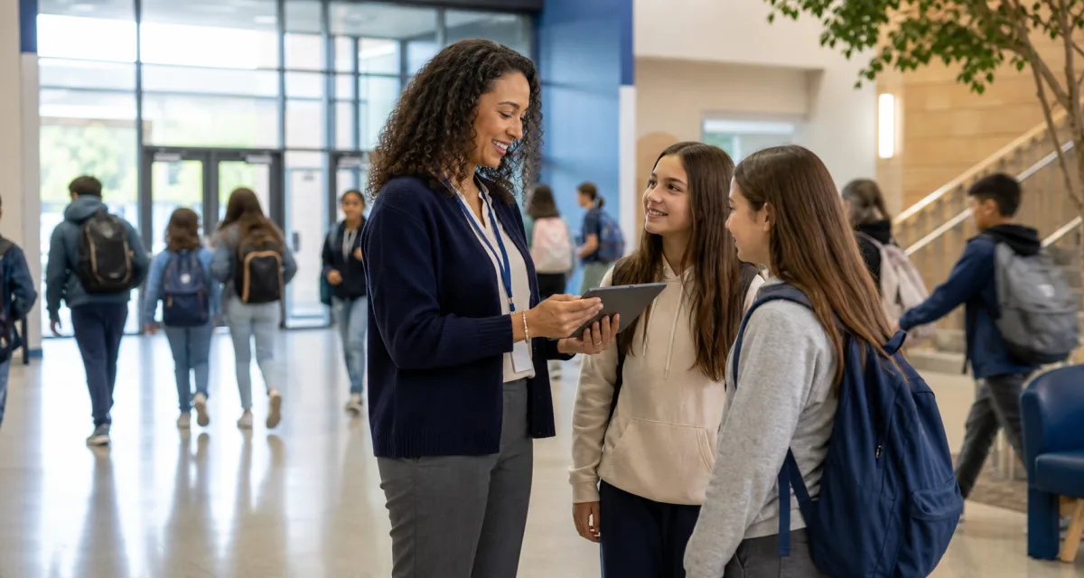 School administrator checking student attendance on a tablet